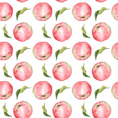 Watercolor seamless pattern with red apples. Realistic botanical illustration. Commercial detailed isolated clipart hand drawn fresh juicy food