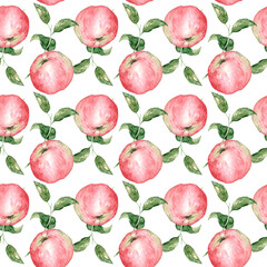 Watercolor seamless pattern with red apples. Realistic botanical illustration. Commercial detailed isolated clipart hand drawn fresh juicy food