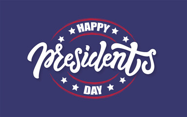 Vector illustration of USA Presidents Day logotype. Hand drawn lettering with stars, celebration text on navy background. Typography poster for American national holiday. Icon, card, badge design