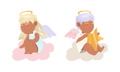 Cute baby angels with wings and halo set. Adorable baby cherubs with white hair and clothing sitting on clouds cartoon vector illustration