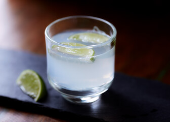 Gin and Tonic on dark background. Close up.	