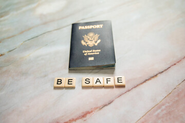 American Passport Book on Pink Marble Background, Travel, Covid Travel, Traveling in Pandemic, Be Safe