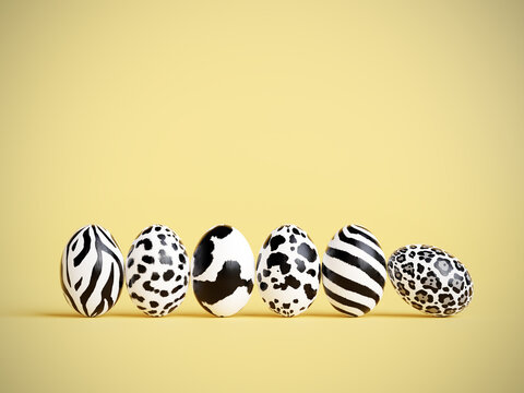 Six Easter eggs with animal skin pattern on yellow background