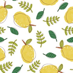 Seamless pattern of lemons with leaves
