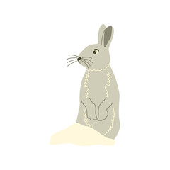 Cute bunny stands on its hind legs in the snow and looks to the side. Gray rabbit, forest wild fluffy animal in winter. Colorful vector isolated illustration hand drawn