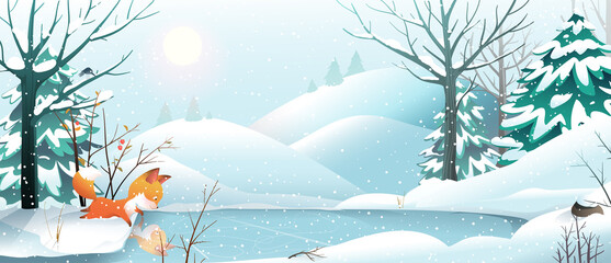 Vos in winterlandschap op zoek naar reflectie op het bevroren meer. Kerstvakantie bos scène achtergrond of wenskaart. Aquarel stijl vector, dier in de winter natuur Kerst illustratie.