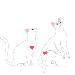 cats drawing by one continuous line, isolated, vector