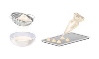 Baking utensils and cooking ingredients set. Pastry bag, sieve, tray vector illustration