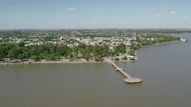 Chascomus lagoon. Aerial view of the fishing pier. Town located in Buenos Aires, Argentina.