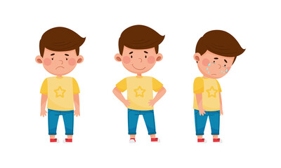 Cute boy showing different emotions set. Kid with unhappy, cheerful, upse face expression cartoon vector illustration