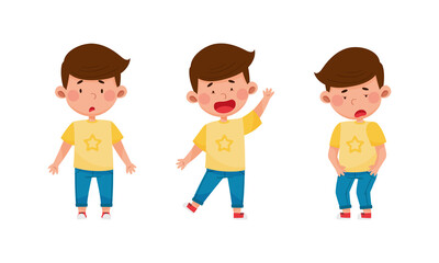 Cute boy showing different emotions set. Kid with surprised, bored and happy face expression cartoon vector illustration