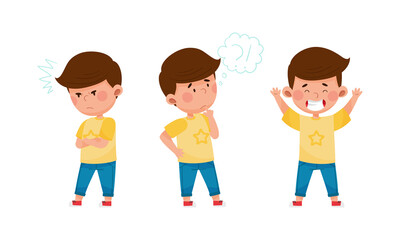 Cute boy showing different emotions set. Kid with angry, thoughtful and ecstatic face expression cartoon vector illustration