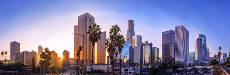 the skyline of los angeles during sunrise, california