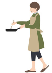 イラスト素材：エプロンをして笑顔で料理をする女性（家事代行・家事分担等のイメージに）