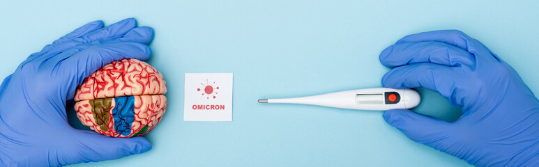 top view of doctor with thermometer and brain model near card with omicron lettering and bacteria...