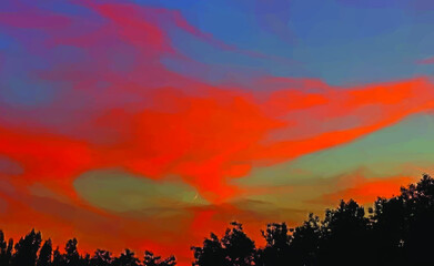 Abstract down sky with orange clouds, moon and near forest. Sunset in orange colors.