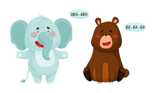 Cute baby animals making sounds set. Elephant and bear saying ugh and gr cartoon vector illustration