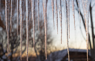 transparent icicles on the roof against the sunset. Selective focus.