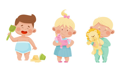 Cute babies playing toys set. Lovely toddler boys and girl holding lion, horse and scoop cartoon vector illustration