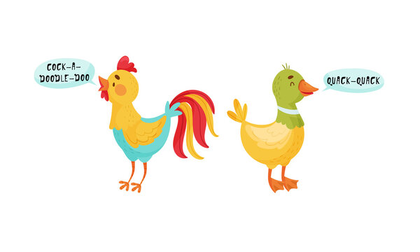 Cute rooster and goose birds making sounds set cartoon vector illustration