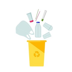 Yellow container with plastic waste. Various plastic products, bottle, cup, bag, straw fall into container. Environmentally responsible behavior. Motivational flat illustration. Harm to nature.