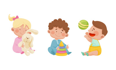 Cute babies playing toys set. Lovely toddler boy and girl with bunny, pyramid and ball cartoon vector illustration