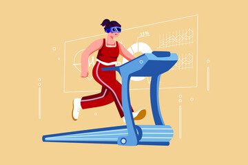 Fototapeta premium Woman in augmented reality glasses on running machine