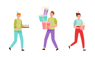 People celebrating birthday set. Teenagers in party hats with gift boxes and cupcakes cartoon vector illustration