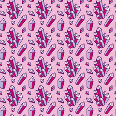 Seamless pattern. Vector image. Faceted crystals on a pink background. Geometric shapes. Doodles.