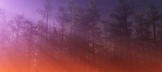 Rays of light among the trees, morning fog in the park, the light of the sun over the forest, 3D rendering
