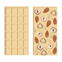 Vector white chocolate bar with hazelnuts, almonds, seeds and pieces isolated on white background.

