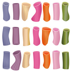 Vector set of multicolored rigatoni pasta isolated on white background. Separate design elements of different shapes.
