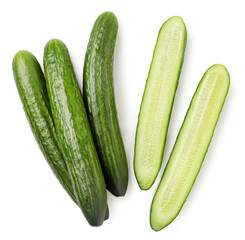Cucumbers whole and half on a white background, isolated. Top view