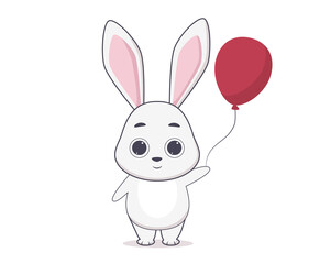 Vector illustration of a cute hare. White rabbit with a balloon in cartoon style. Isolated on white background. Year of the rabbit. Stickers and cards with animals

