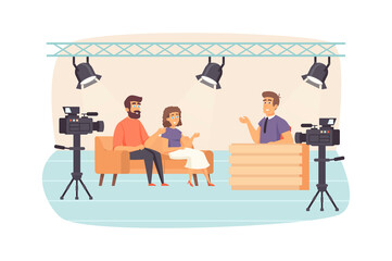 Filming television talk show scene. Presenter interviewing guests at studio, cameras recording video. Journalism, mass media and press concept. Illustration of people characters in flat design - obrazy, fototapety, plakaty
