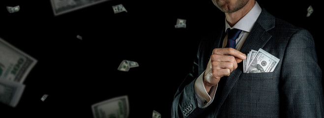Money stack. Business man hand holding American money. Washington cash, usd falling banner. - obrazy, fototapety, plakaty