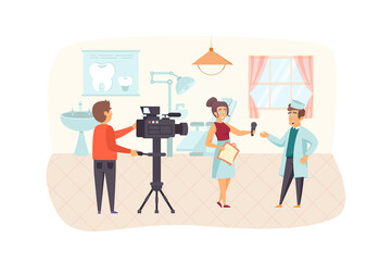 Journalist interviewing doctor scene. Operator filming report, female reporter talking with physician. Journalism, mass media and press concept. Illustration of people characters in flat design