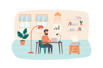 Content manager working on laptop at office scene. Man analyzes site statistics, creates content plan. SEO optimization, promotion concept. Illustration of people characters in flat design
