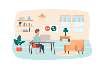 Man makes video calls from computer sitting in room at home office scene. Video conference, communication technology, remote work concept. Illustration of people characters in flat design