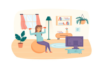 Pregnant woman doing exercises with dumbbells at home scene. Young family expecting baby born. Pregnancy, childhood and maternity concept. Illustration of people characters in flat design