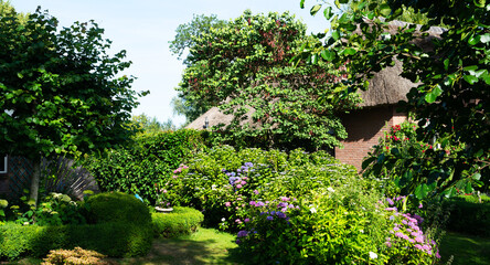 View of typical houses of Giethoorn, Netherlands. The beautiful houses and gardening city is know as 