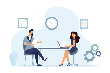 Signing a contract, a deal, achieving a goal. Bank managers and client characters. Vector illustration in a flat style.