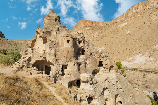 Domed Churches known as Kubbeli Kilise in Turkish, Soganli Valley, Cappadocia, Turkey. Domed Churches are the only cave churches in Cappadocia with church architecture on the outside.