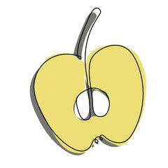Doodle sketch food apple. Half apple. colorful. Continuous outline hand draw