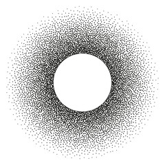 Halftone circle frame with black random dots, logo emblem design element for technology, medical, treatment, cosmetic. Border with empty space for your text, round shape. Vector illustration