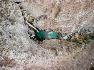 Top down of falls Savica natural attraction in Slovenia, Bohinj lake, Triglav national Park