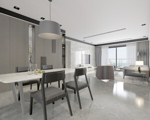 3d render. Modern living and dining room interior.