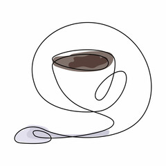 Continuous line drawing of cup of coffee with spoon. Colorful sketch. Vector illustration.