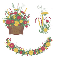 Basket with flowers. A set of bouquets and wreaths. Red and yellow chrysanthemums