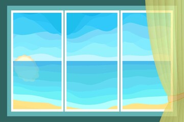 Summer Landscape. Window with Yellow Curtain. Seascape View. Raster. 3D Illustration